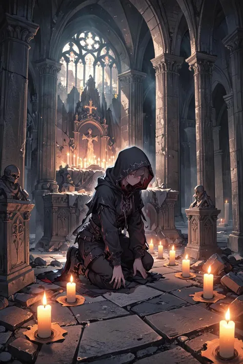 a woman kneeling in a church with candles in front of her