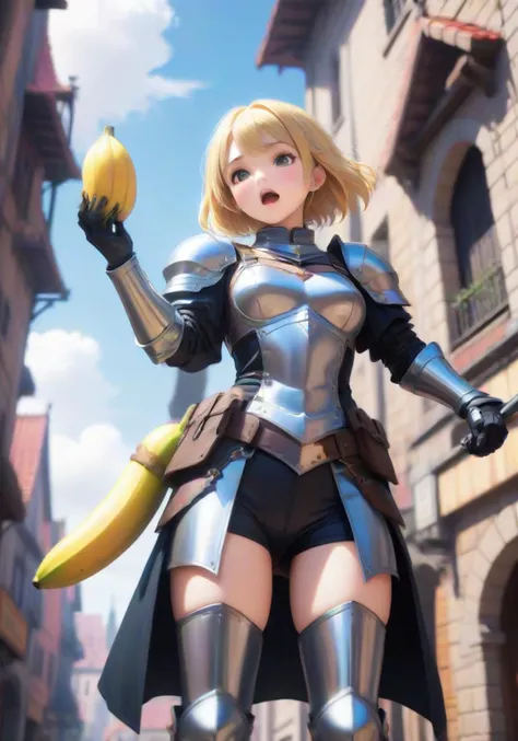 dlsite illustration CG, cowboy shot, shot from below, knight girl, she wear metalic iron armor, (she holds the huge banana:0.7), shout, fantasy gothic town background