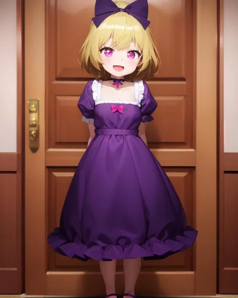 <lyco:Tonari-NAI-LyCORIS-v1.1:0.8>
1girl, dress, blonde hair, bow, solo, hair bow, purple eyes, choker, short sleeves, short hair, purple dress, arms behind back, open mouth, smile, puffy short sleeves, puffy sleeves, high heels, looking at viewer, purple ...