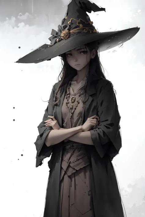 a woman in a witch hat and long dress standing with her arms crossed