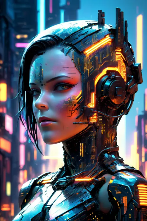 female cyborg, cyberpunk cityscape, by Ralph McQuarrie,  80s inspired, synthwave, vaporwave, retro futurism, neon colors <lora:add-detail-xl:1> <lora:xl_more_art-full_v1:0.8> <lora:Double_Exposure:0.8> double exposure, vapor wave background <lora:Dark_Futu...