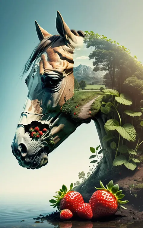 (Double exposure:1.3) effect of a (horse:1.5) skull and strawberry bushes on a background of a calm landscape, (side shot:1.5), <lora:Double_Exposure:1> ultra detailed