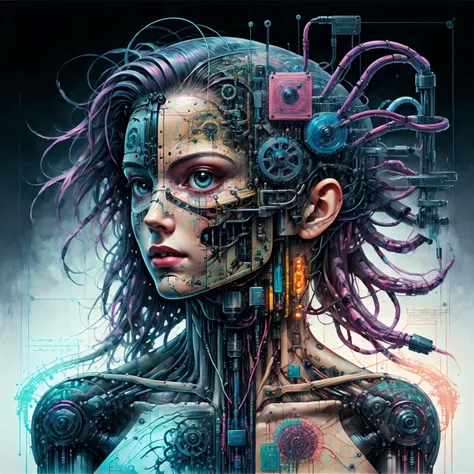 <lora:Retro_Illustration:1> 2d game scene, oil and watercolor painting, 1girl cyberpunk,neon lights, hologram  <lora:Double_Exposure:1> double exposure, white background <lora:Da_Vinci:1> Biomech, ink drawing, anatomical, Da_Vinci, vitruvian, science ficti...