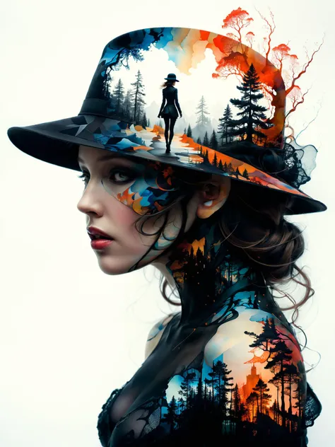 a close up of a woman wearing a hat with a forest scene on it