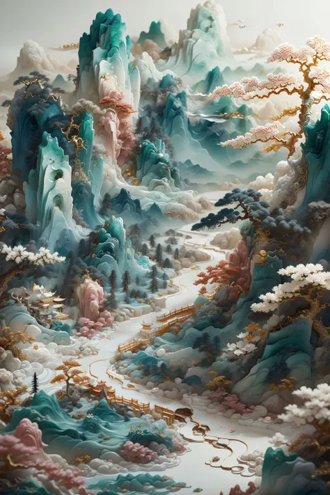 a close up of a painting of a mountain with clouds