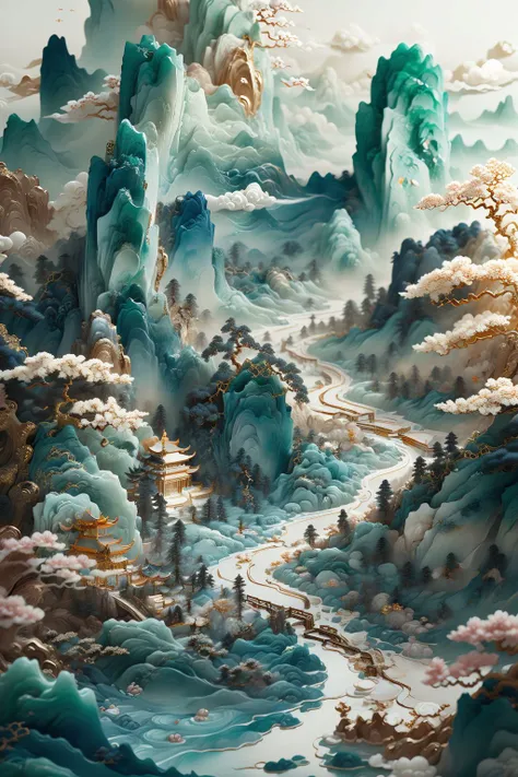 a close up of a painting of a mountain with a river