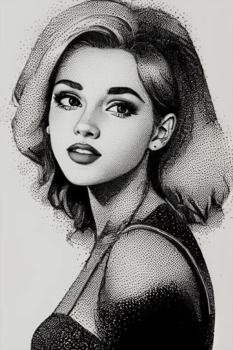 <lora:envybetterhandsLocon_alpha3:1>,  <lora:bwpointillism_1:.7>, pointillism,  <lora:OskarssonsLinesAndDots:.4>, OskarssonsLinesAndDots, a young woman looking fine, lineart, drawing