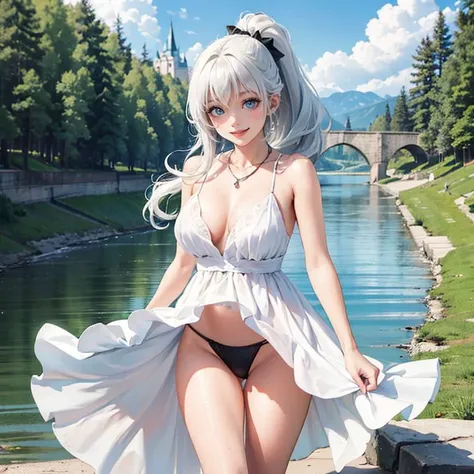 (masterpiece:1.2), (best quality:1.2), 1girl, medium breasts, black ribbon, white hair, long hair, high ponytail, crystal necklace, blue pupils, smile, looking at viewer, white summer dress, white stockings, (black thong:1.2),
<lora:windLift_v11:1>, wind l...