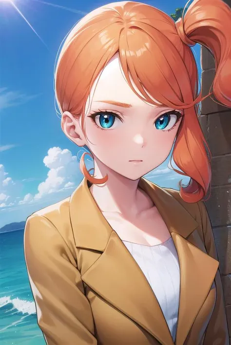 a woman with red hair and blue eyes standing in front of a beach