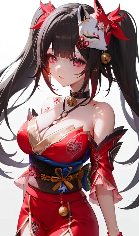 Depth of field,(Masterpiece, High Quality, Busty,Natural Light, Soft Focus)Detailed Hair,(Dramatic Lighting:0.8),1girl,(Bangs),(big boobs),<lora:SLS:0.7>,huahuo,twintails,bare shoulders,fox mask,mask on head,red dress,detached sleeves,black gloves,jingle b...