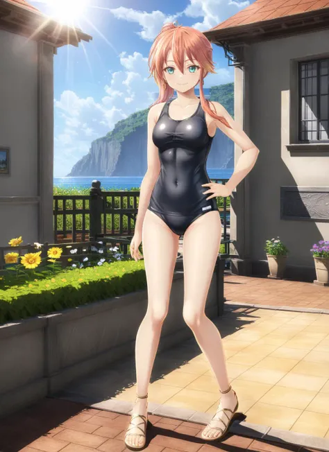 masterpiece,best quality, full body, 
 <lora:JL13-R10E10L4R8A4CAPN:1> ,KnKJudithLanster,smile,
garden,sunlight,
ocean, standing, looking at viewer, 
school swimsuit,