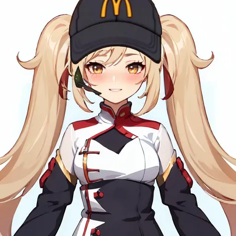 masterpiece, absurdres, mcdonalds hat, mcdonalds profile photo, smile, blush, embarrassed, 1girl,  parted lips, blonde hair, long hair, twintails , medium breasts, white background, simple background,  nurse clothes,