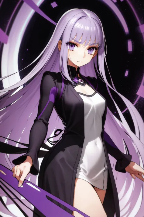 solo, mature female, anger, purple hair, low-tied long hair, dark purple eyes, silver pullover, no light, Lisianthus (flower), floral background <lora:wada_arco_style_v01:1>