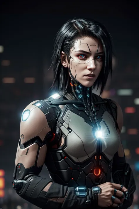 a woman in a futuristic suit with glowing eyes and a futuristic body