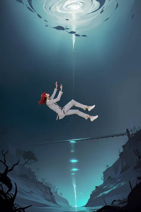 masterpiece,best quality,((1boy)),solo,(touga kiryuu),slim,tall male,long legs,long hair,white jacket,white pants,light smile,closed eyes,(underwater),((the bottom of the picture is completely dark abyss)),falling,(from below:1.2),falling_blur,depth of fie...