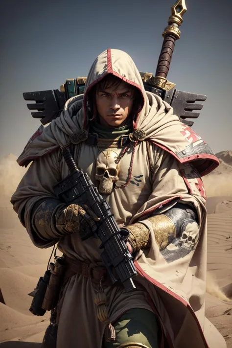 upper body focus, photo of 1boy, cypher, full armor, armor details, skull ornament, gold trimmings, hood, green robe, black tabard, dual wielding, holding guns, pointing guns, guns akimbo, carrying weapon on the back, sheathed sword, <lora:tool - add_detail:1>
close-up
standing by desert storm, sandstorm, dune, dark ambiance,    <lora:CYPHER MK1 by CARAXES:0.7>