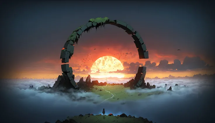 <lora:DarkestDungeonSDXL:0.7> ddstyle Aerial view of stratocumulus forming a circular portal in the horizon by Ismail Inceoglu and Studio Ghibli, portal to a world in fire, 8 k, anime art style, cover art, dramatic scene Octane Render made by Studio Ghibli...