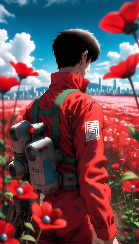 CloseUp, Ass Focus, Rearview, Kaneda from Akira, Walking along a red flower field, giant cgmech opens the blue Sky, cloudy, bright, high contrast, overgrown neo Tokyo, postapocalyptic, very detailed, hd