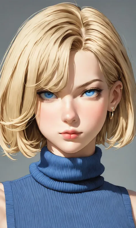 1girl, solo, looking at viewer, short hair, blue eyes, blonde hair, simple background, jewelry, closed mouth, earrings, sleeveless, hair over one eye, sweater, lips, makeup, turtleneck, portrait, realistic, nose, android 18