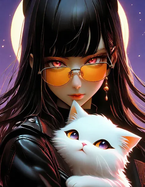 Mesmerizing fusion of 3D and anime styles presents a stunning emo woman, adorned with half-rim glasses sans frames, exuding concern as she holds a fluffy white kitten close to her heart. Basking in the warm glow of candlelight, her backdrop is awash with v...