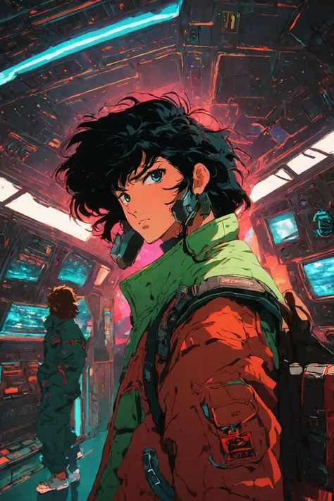 hostile spacehip interior, 80s anime style, flat colors, key visual, vibrant, studio anime, highly detailed