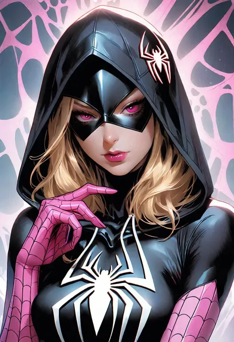 gothic style spider girl, solo, looking at viewer, wearing black with white and pink, spiderman symbol on chest, frank cho pose, hooded bodysuit, gwen stacey, marvel comics, style of Wlop, . dark, mysterious, haunting, dramatic, ornate, detailed,