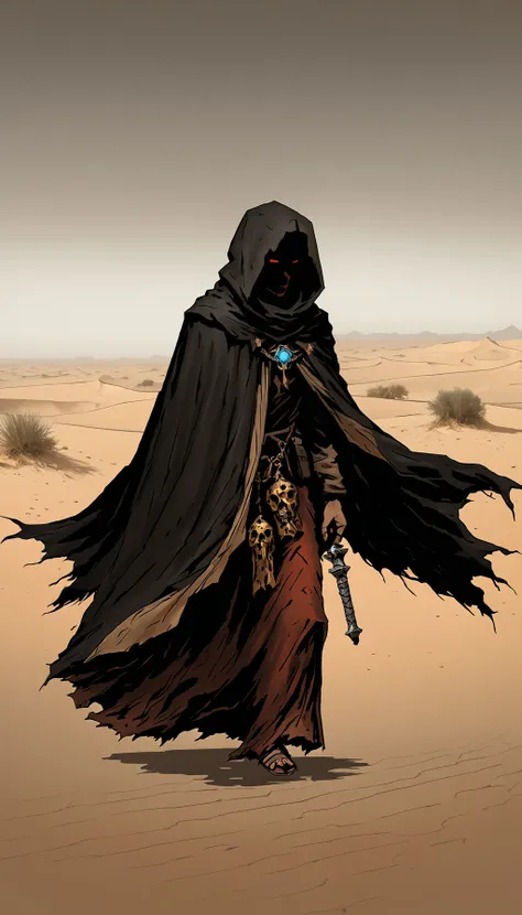 <lora:DarkestDungeonSDXL:0.7> ddstyle  Mysterious figure in striking cloak walking through the desert