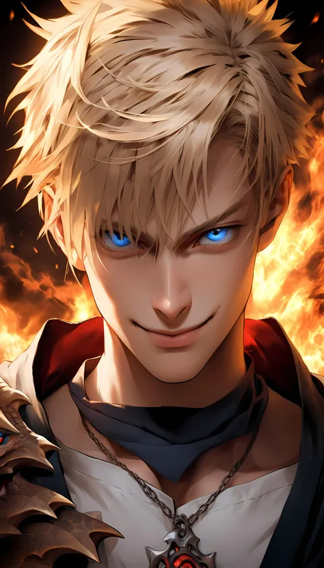 <lora:add-detail-xl:1> best quality, masterpiece, highres, extremely detailed male character, jrpg protagonist, 1boy, dragon, intricate, chaotic evil, dramatic, highly detailed eyes, blue eyes, short hair, blonde hair, smirk, looking at viewer, muscular ma...