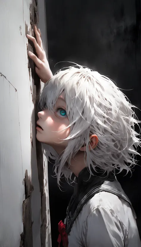 <lora:add-detail-xl:1> (masterpiece, best quality, realistic, detailed, crisp:1.2), intricate details, entropymagic, KanekiMeme, (hair over eyes:1.3), (1girl, looking up), leaning against wall, white hair, dissolving, dark room,