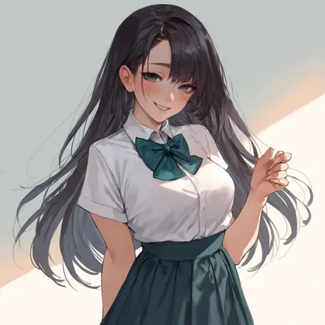 anime girl with long black hair wearing a white shirt and green skirt