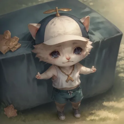 anime cat with a hat and a necklace standing next to a suitcase