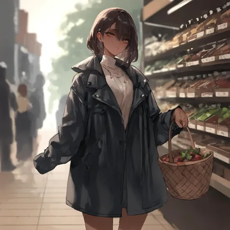 anime girl with a basket of fruit in a grocery store