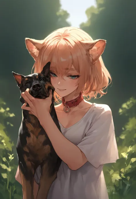 a woman holding a cat in her arms in a field