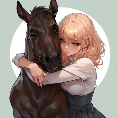 anime girl hugging a horse with a white circle in the background