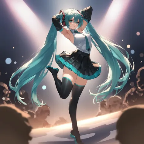 zPDXL, hi res
BREAK 1girl, hatsune miku, dancing, on stage, spotlights, crowd, skirt
<lora:scoreSlider_ponyXL_v10:1> <lora:polki_ponyXL_v10:0.8>