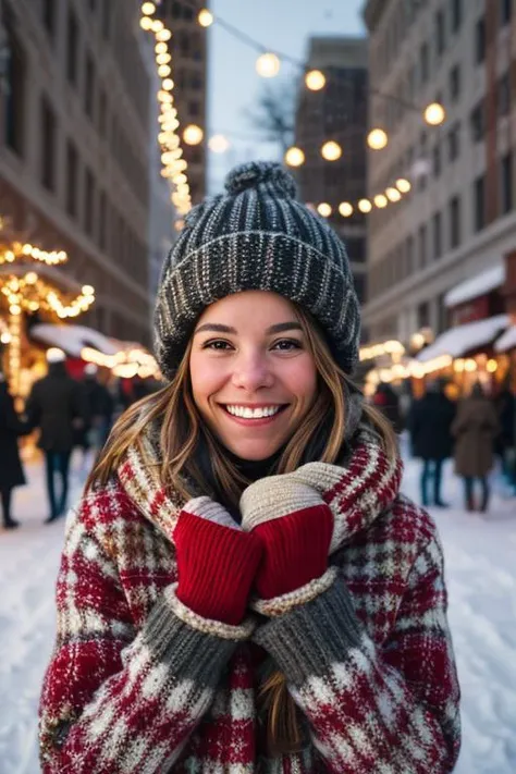 a woman in a red and white coat and hat smiles while standing in the snow