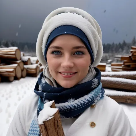 arafed woman in a white coat and blue scarf holding a stick