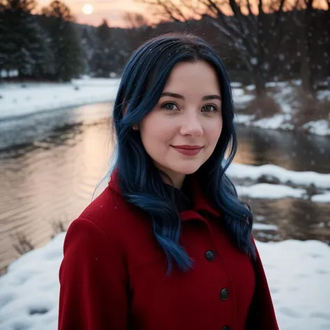 arafed woman with blue hair standing in front of a river