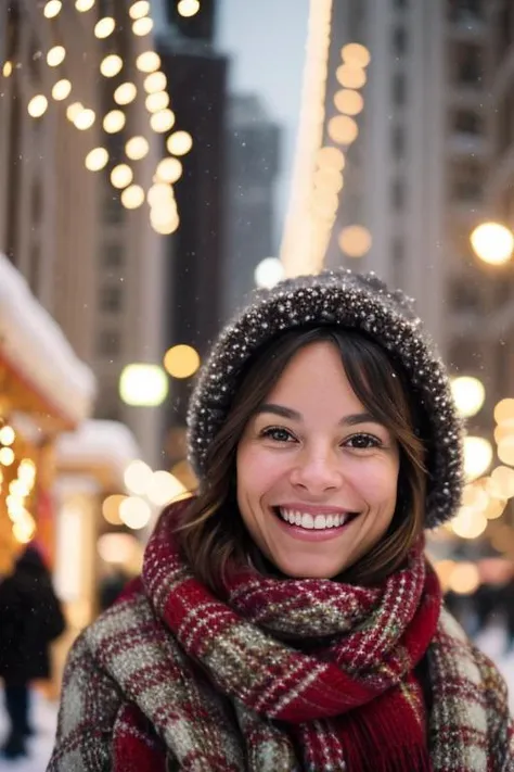 arafed woman in a plaid scarf and hat smiles while standing in the snow