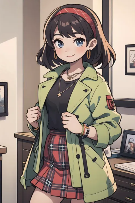 a woman in a green coat and plaid skirt standing in a room