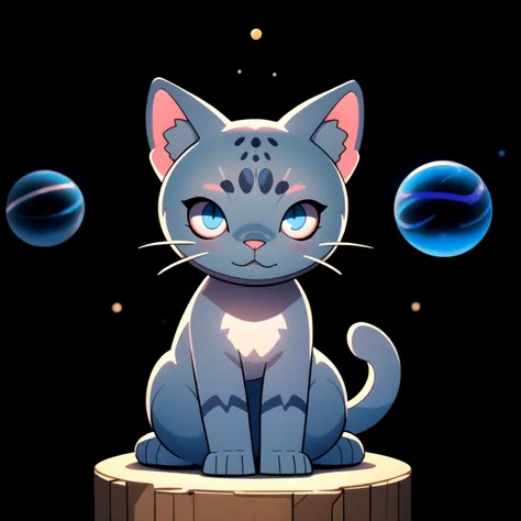 anime cat sitting on a stump with planets in the background