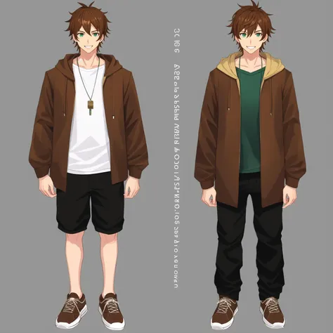 1boy, brown_footwear, brown_hair, brown_jacket, brown_pants, collarbone, full_body, virtual_youtuber, green_eyes, hood, hoodie, jacket, jewelry, long_sleeves, looking_at_viewer, male_focus, necklace, open_jacket, pants, shirt, shoes, simple_background, smi...