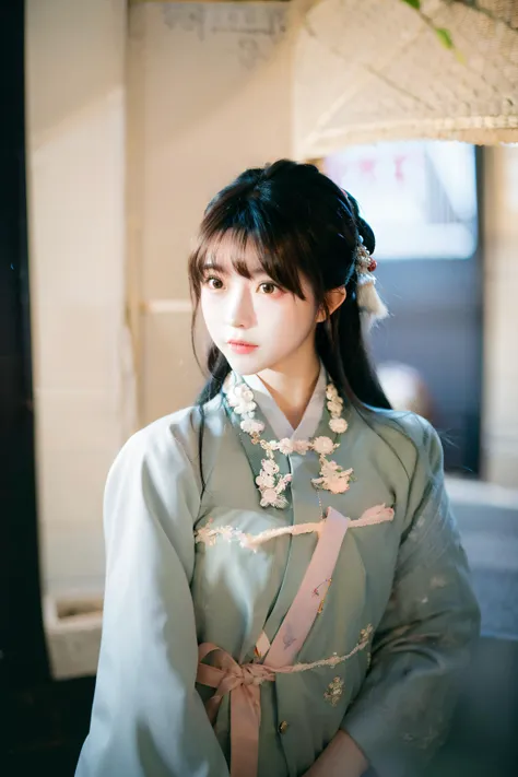 4k, photo, realistic,best quality,1girl,woman,solo,looking at viewer,Shot with Kodak Portra160NC film,long hair, lips, brown hair, brown eyes,hanfu,hanstyle,