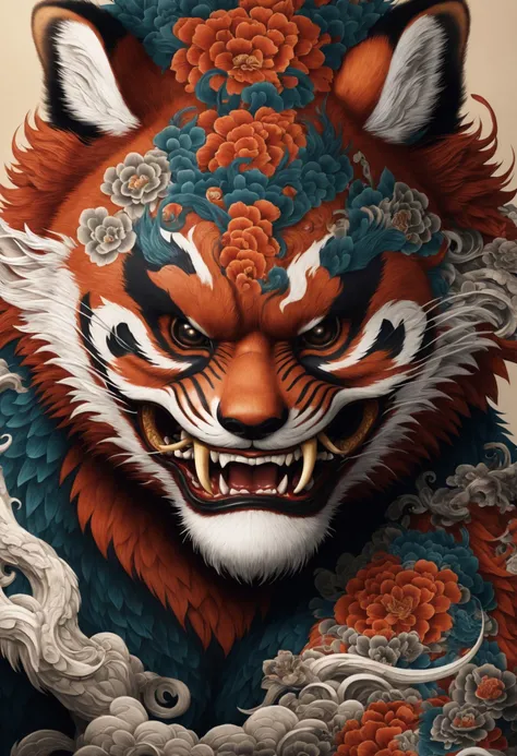 (masterpiece, best quality,detailed light),   DonMH4ny4XL, red panda, tattoos with hannya and dragon  (highres, 4k, 8k, intricate detail, cinematic lighting, amazing quality, amazing shading, soft lighting, Detailed Illustration, wallpaper)   <lora:myLoraX...