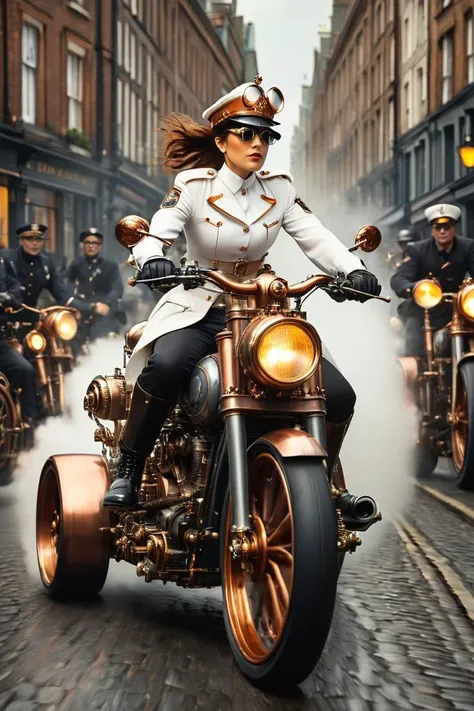 best quality RAW  photo of  woman-policeman in white-orange uniforms, protective glasses,
(rides fast) on a (three-wheeled:1.5) big steampunk machine with (large wheels:1.4), color of polished copper and chromium,
cobblestone road, a lively center of Londo...