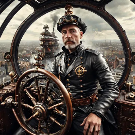 1 man captain of airship at the wheel-helm , steampunk city can be seen from the windows, view from side   <lora:SteamPunkNoireAI:0.5> steampunknoireai