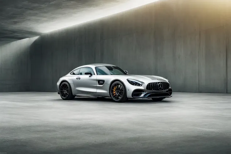 the mercedes amg gts coupe is shown in a dark room