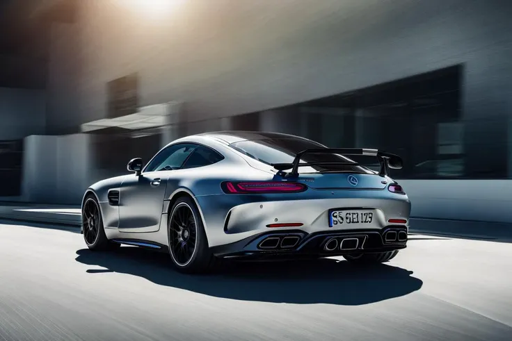 the rear end of a silver mercedes sports car driving down a road