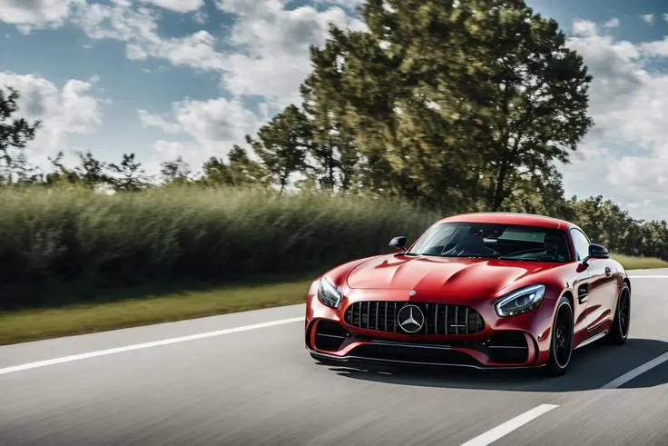 a red mercedes sports car driving down a road near a forest