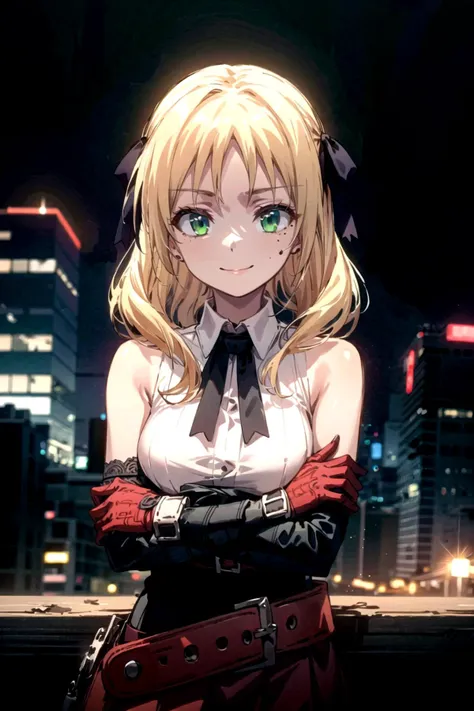 anime girl with green eyes standing in front of a city at night